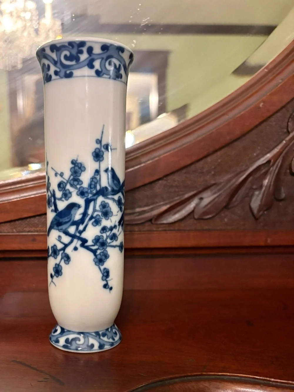 Vintage Andrea By Sadek Blue and White Porcelain Bud Vase with Bird Motif